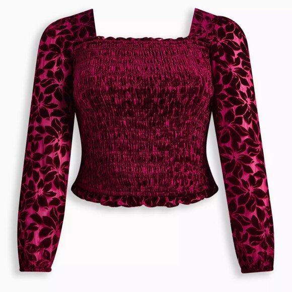 Torrid Blouse 2X 3X 4X 5X Burgundy Crop Smocked Victorian Velvet Steampunk Top - Picture 1 of 3